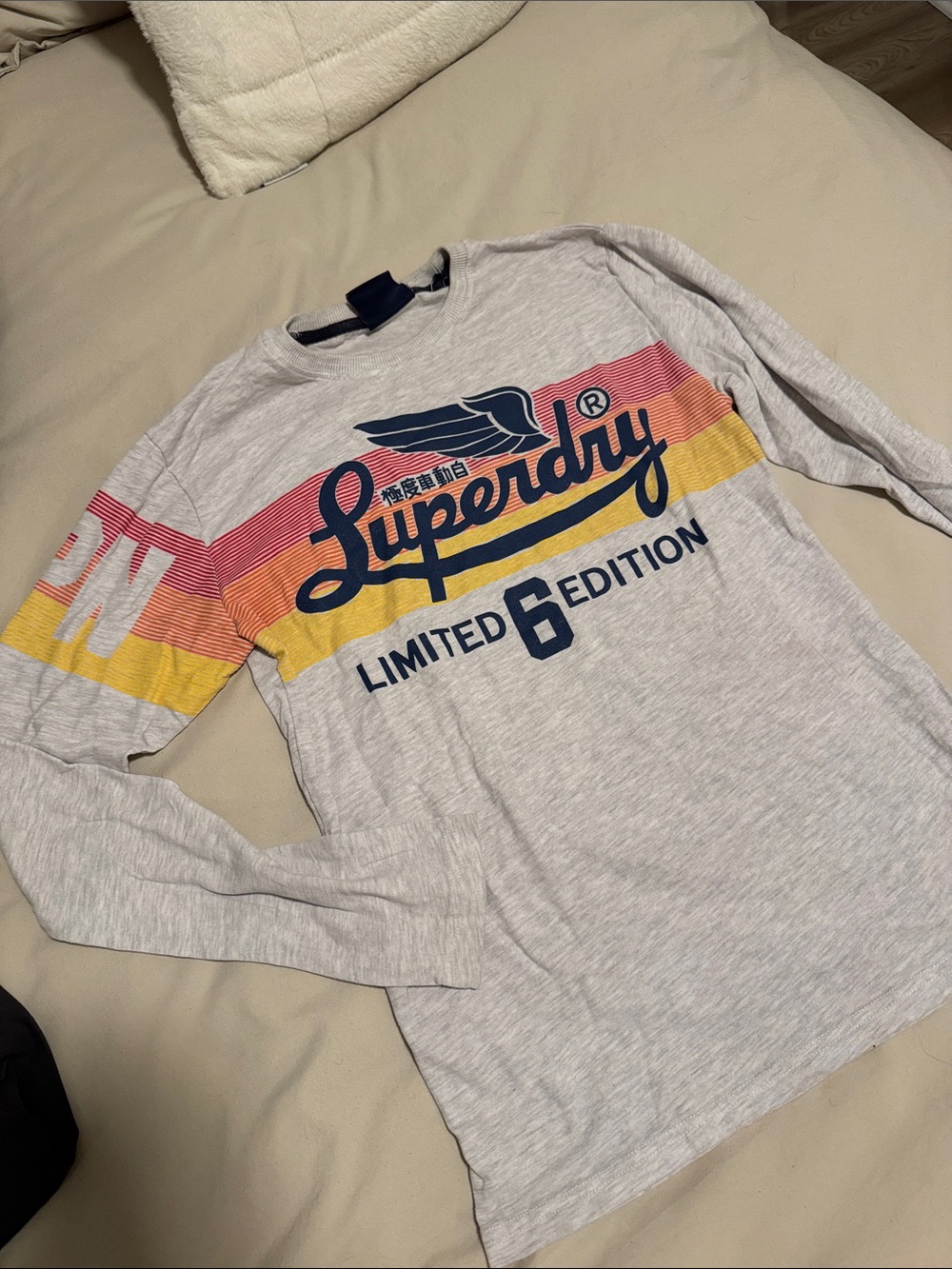Superdry Light Grey Long Sleeve Tee with Navy Logo and Red-Yellow Stripes